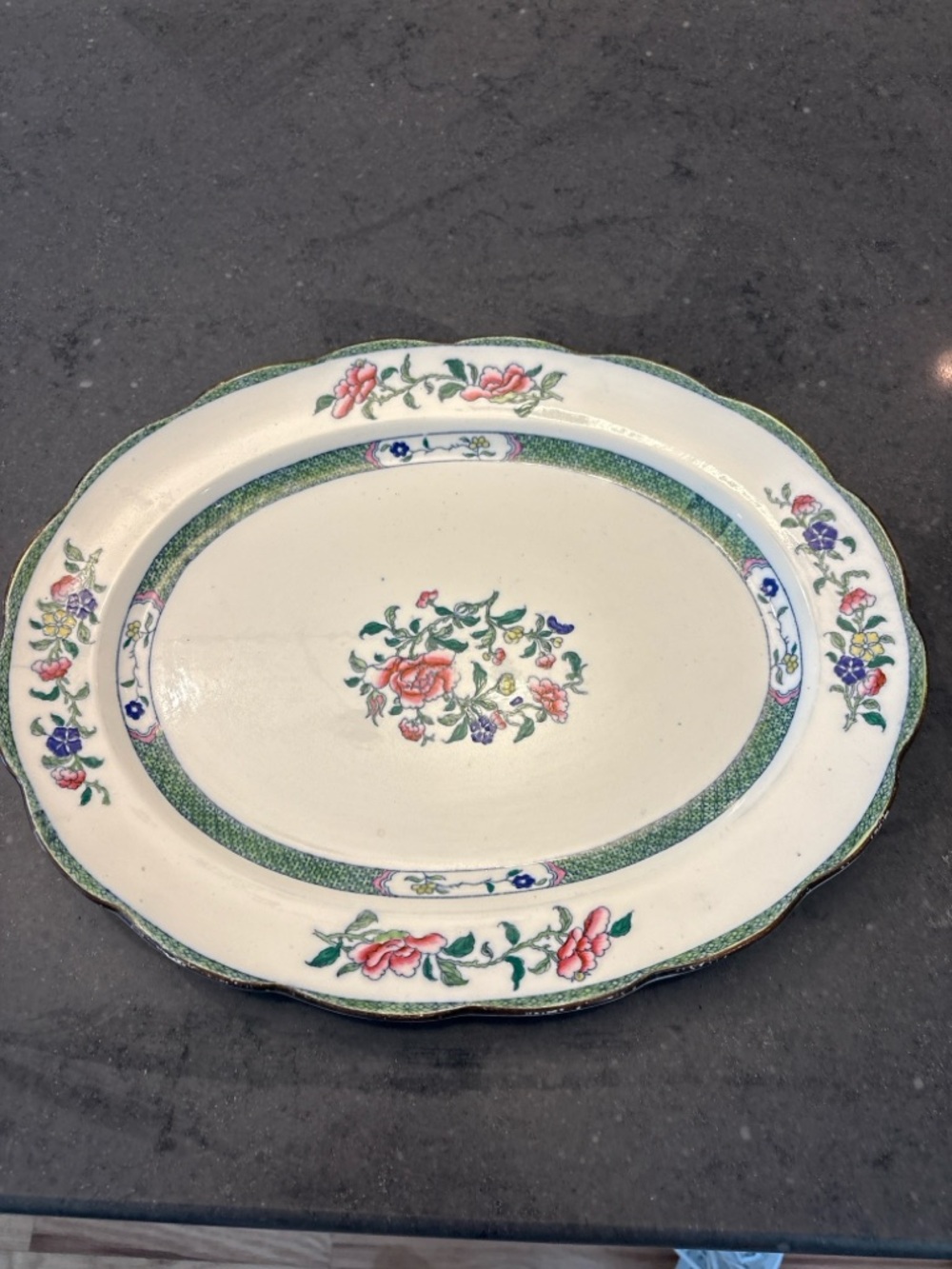 Vintage Floral Oval Serving Platter in Cream and Green